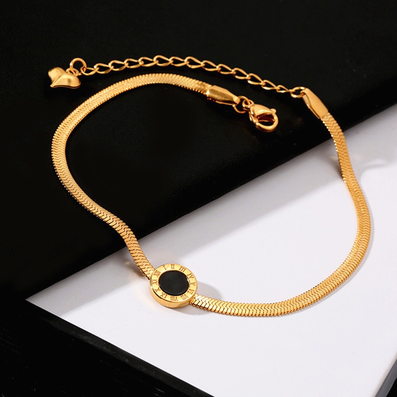 Gelang Kaki Titanium Anti Karat Rantai Belut Lapis Emas 18K Bentuk Bulat Angka Aksesoris Wanita Korea