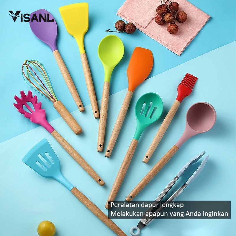 Sillicone Utensil Set 12 Pcs / Spatula Peralatan Masak sutil pegangan kayu baking set + wadah