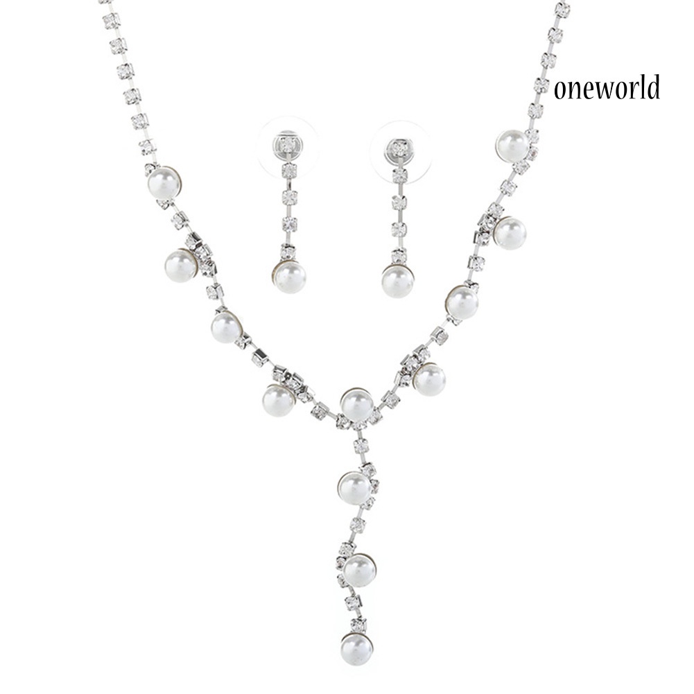 OW@ Fashion Women Rhinestone Faux Pearl Pendant Necklace Stud Earrings Jewelry Set