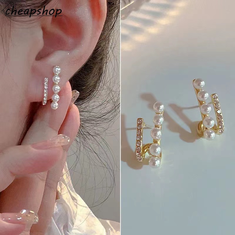 IFYOU Anting Stud Hias Mutiara Ganda Warna Silver Gaya Vintage Untuk Wanita