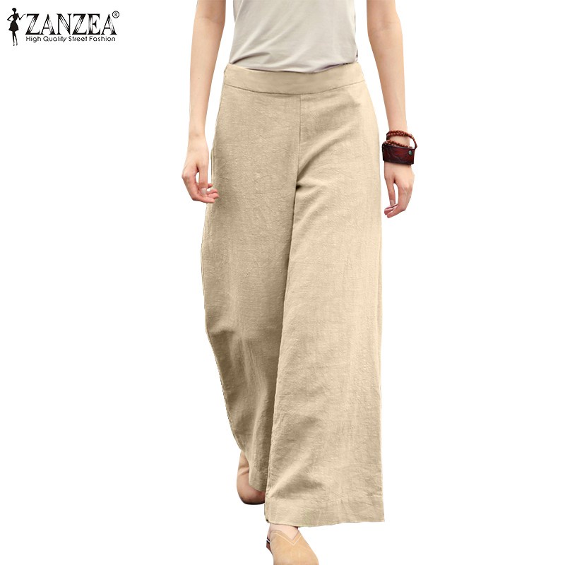 ZANZEA Women Solid Color Elastic Waist Casual Wide Leg Long Pants