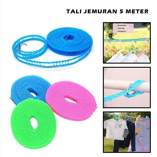 Tali Jemuran Pakaian 5 Meter Super Praktis Gantungan Baju Clothes Line + Hook BS