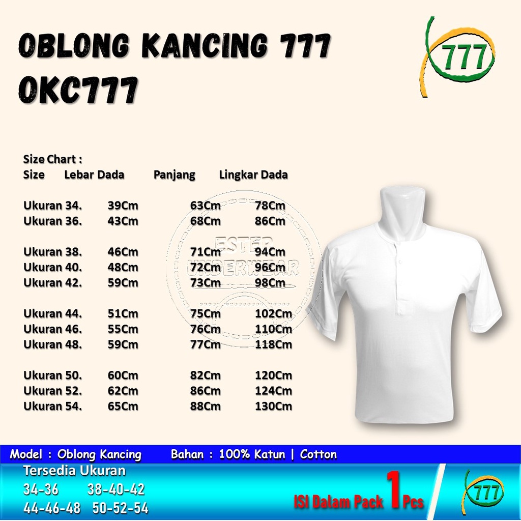 KAOS OBLONG PRIA 777 KANCING OKC 777  ISI 1 Pcs BAHAN KATUN