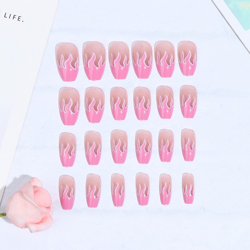 [Full] 24pcs KUKU PALSU Coffin Head Natural Fire Flame Nail Tips Fake Nails Full Cover