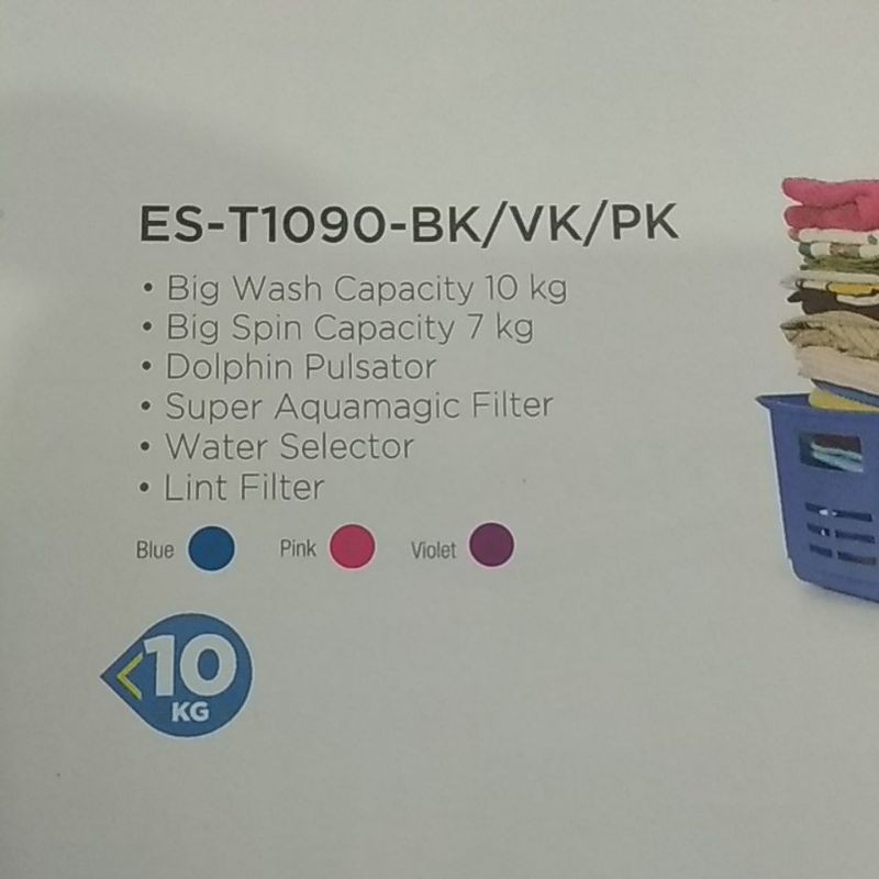 Mesin Cuci Sharp 10KG 1090-BK(Biru) / VK(Violet) / PK(Pink)