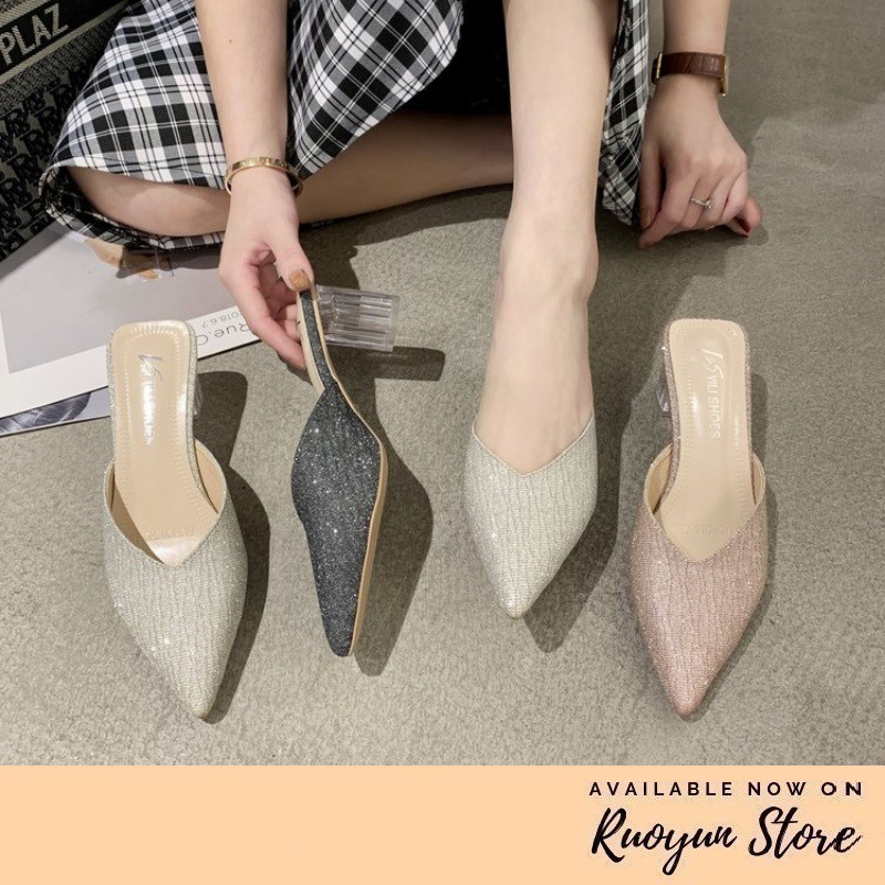 RYS - Glittery Mules Sepatu Hak Wanita Fashion Pesta/Kantoran - Ori Import