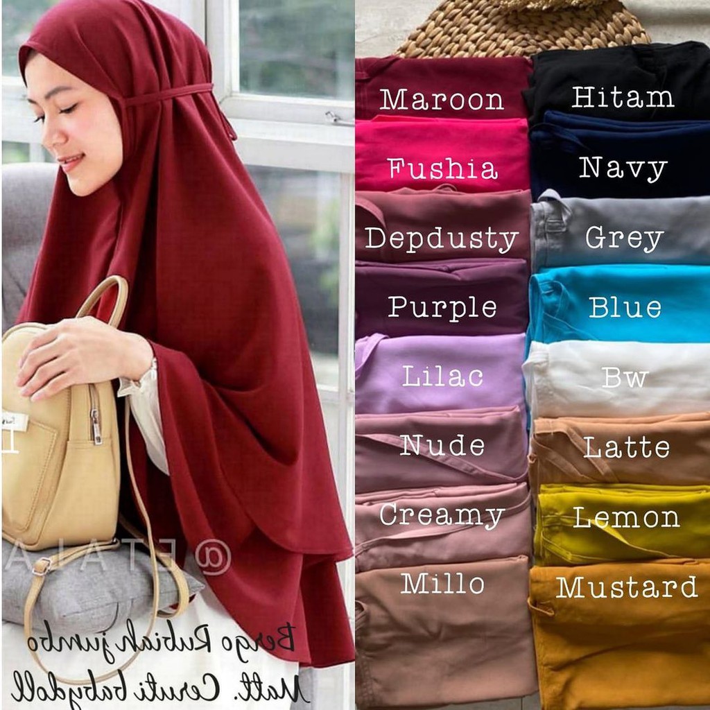 Termurah Khimar Rubiah jumbo seruti 2layer polos mewah / bergo 2layer tali seruti jumbo termurah