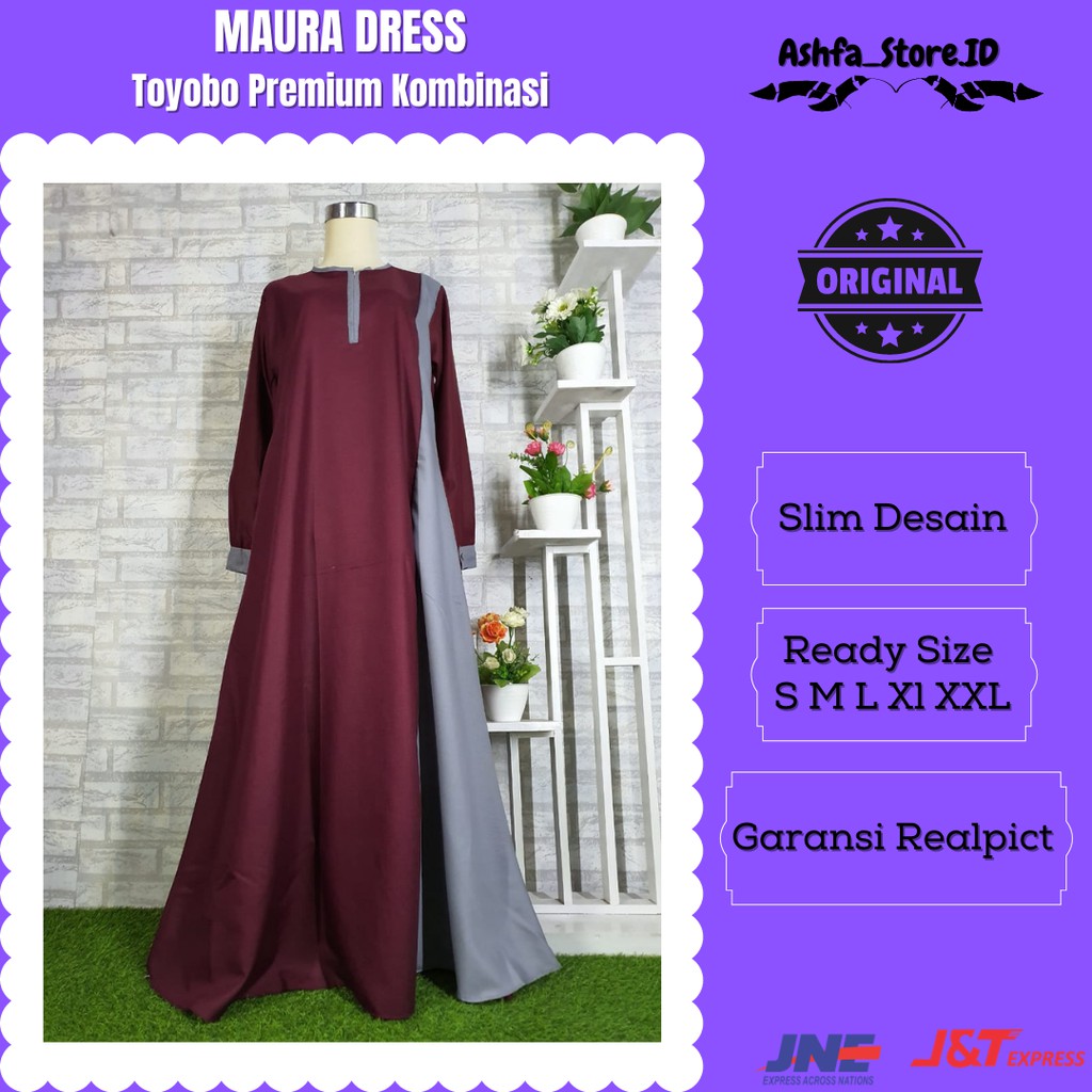 Baju Gamis Dress Wanita Katun Toyobo Premium Polos Kombinasi Terbaru Maroon Kombinasi abu Muda