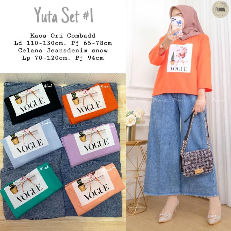 YUTA SET, SETELAN KAOS COMBED DAN KULOT JEANS, ORI PIROOZ