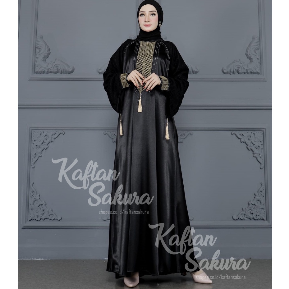 BAJU KAFTAN WANITA BAHAN SATIN PREMIUM WARNA HITAM MAROON NAVI UNTUK LEBARAN ALL SIZE MEWAH