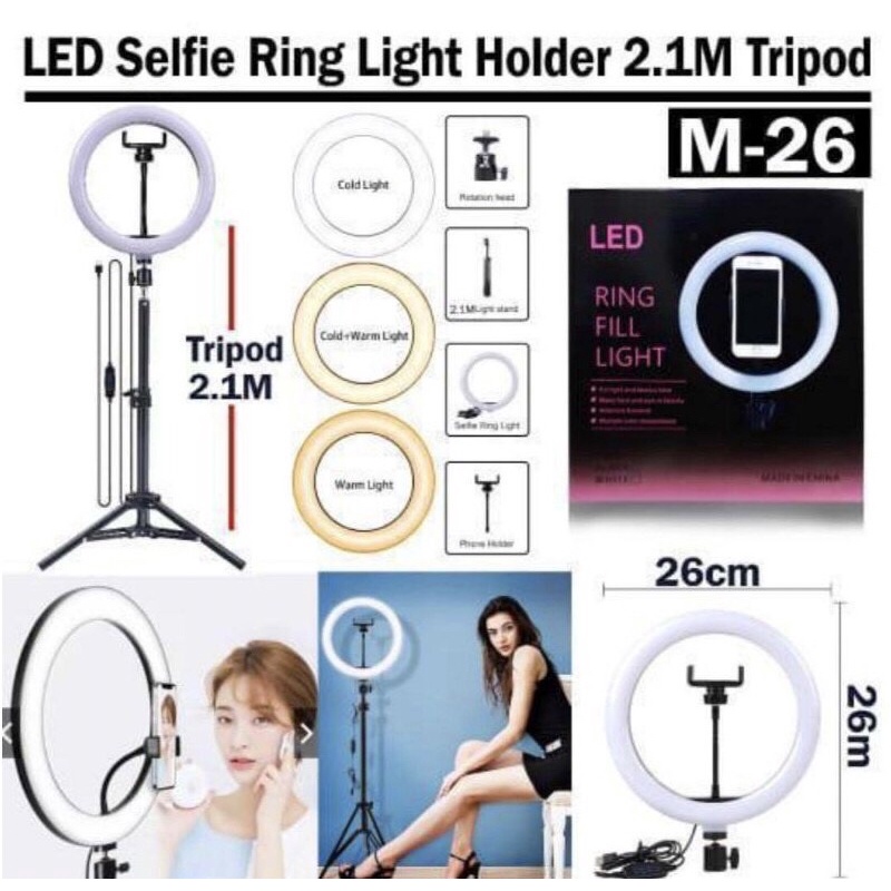 Ringlight LED 26cm / Lampu Ring LED 26 cm + Tripod 2.1 m / Lampu Selfie Make Up vlog / Lampu Tiktok / Ringlight 26cm + Tripod 2.1m + Holder Hp / Lampu Ring Light MUA / Lampu Live Streaming