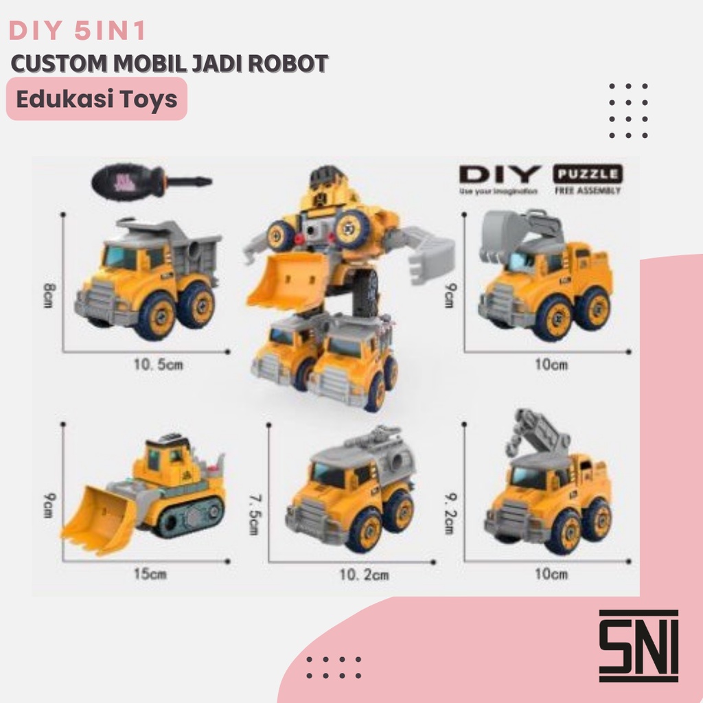 Mainan Edukasi Mobil Mobilan Anak cowok Truck 5In1 Jadi Robot Diy Assembling