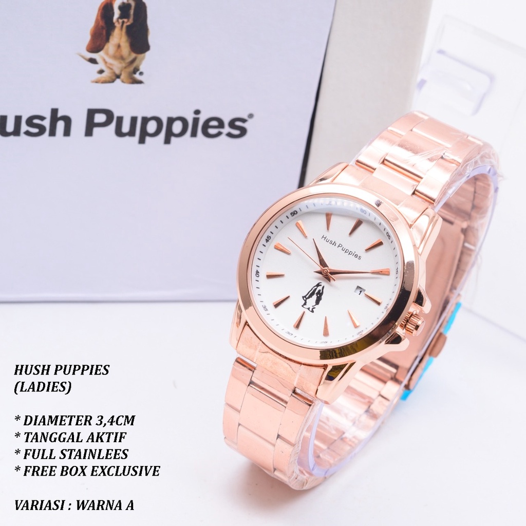 (FREE BOX) JAM TANGAN WANITA HUSH PUPPIES RANTIA BODY BULAT TANGGAL AKTIF