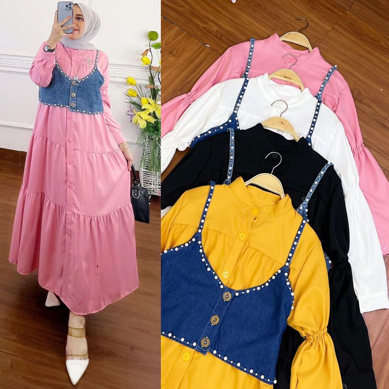 Midi Dress Diana Katun Rompi jeans Mutiara