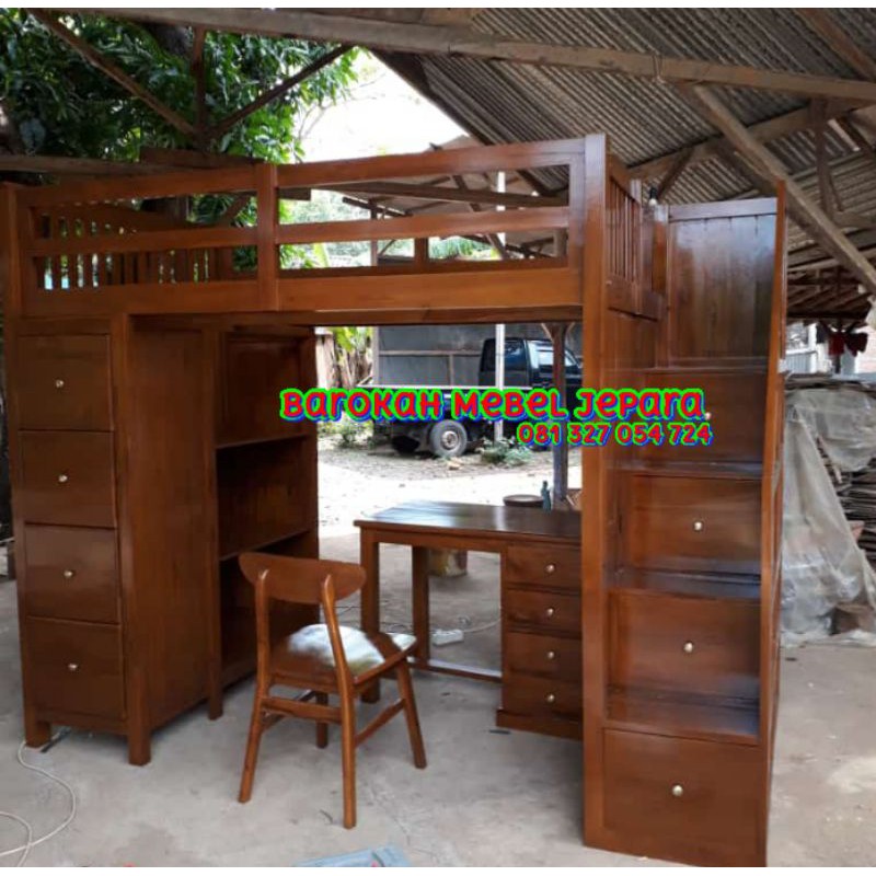 Tempat Tidur Anak Jati mebel asli jepara 3in1, Meja Belajar, rak Buku, Almari