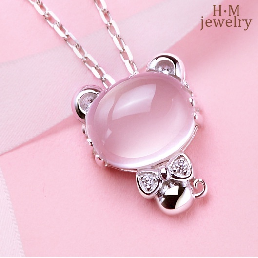 Kalung Rantai Silver S925 Liontin Batu Kuarsa Pink Motif Shio Cina Untuk Wanita