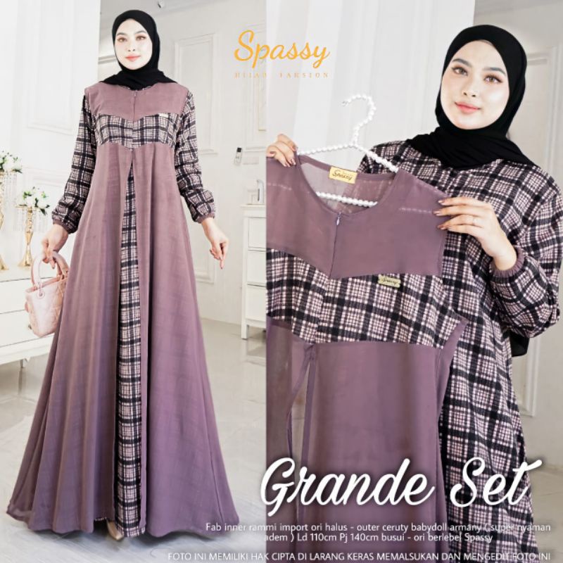 AB Grande set / set gamis plus rompi outer viral / gamis motif kotak / gamis ld110 xl-xxl / gamis ka