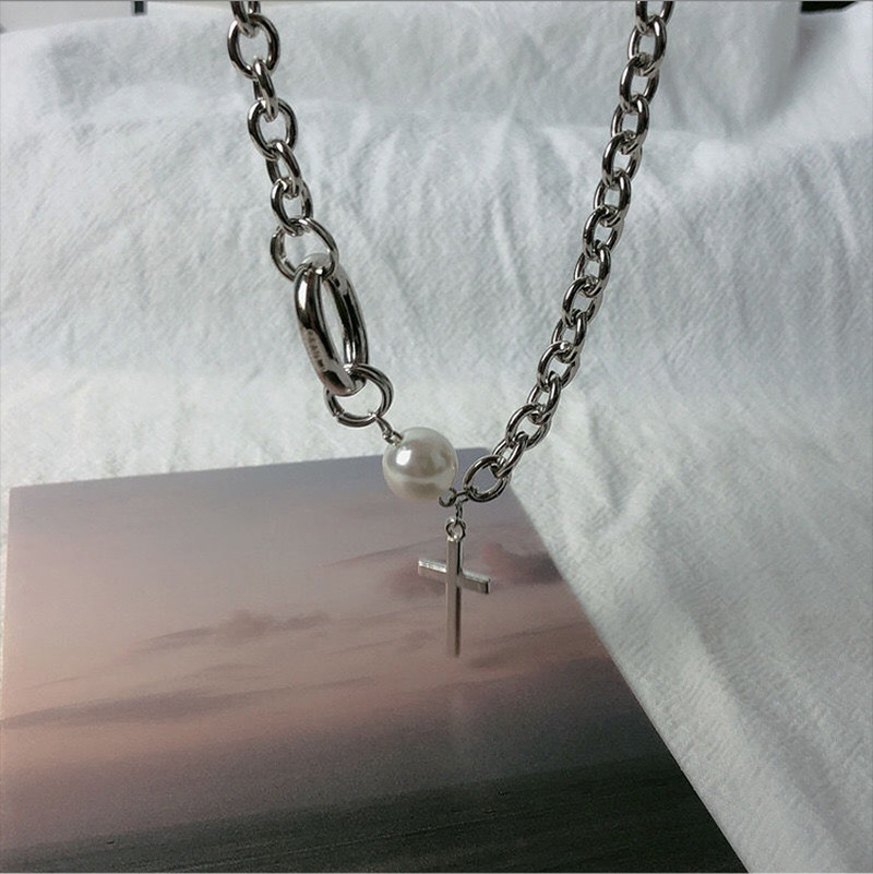 Vintage Pearl Lock Chains Necklace Geometric Cross Pendant Necklaces for Women Punk Jewelry