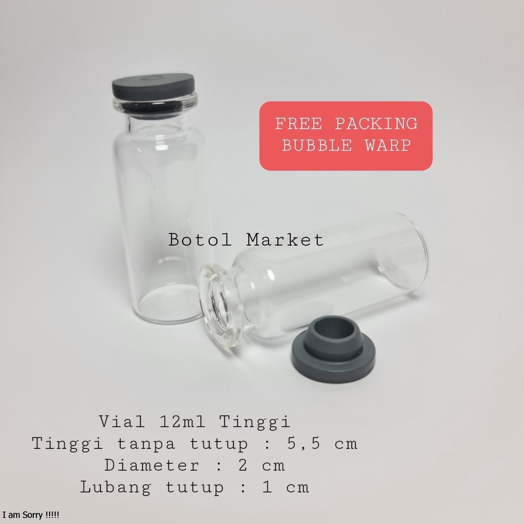 Vial 12ml TINGGI botol kaca tester tutup karet rubber stopper