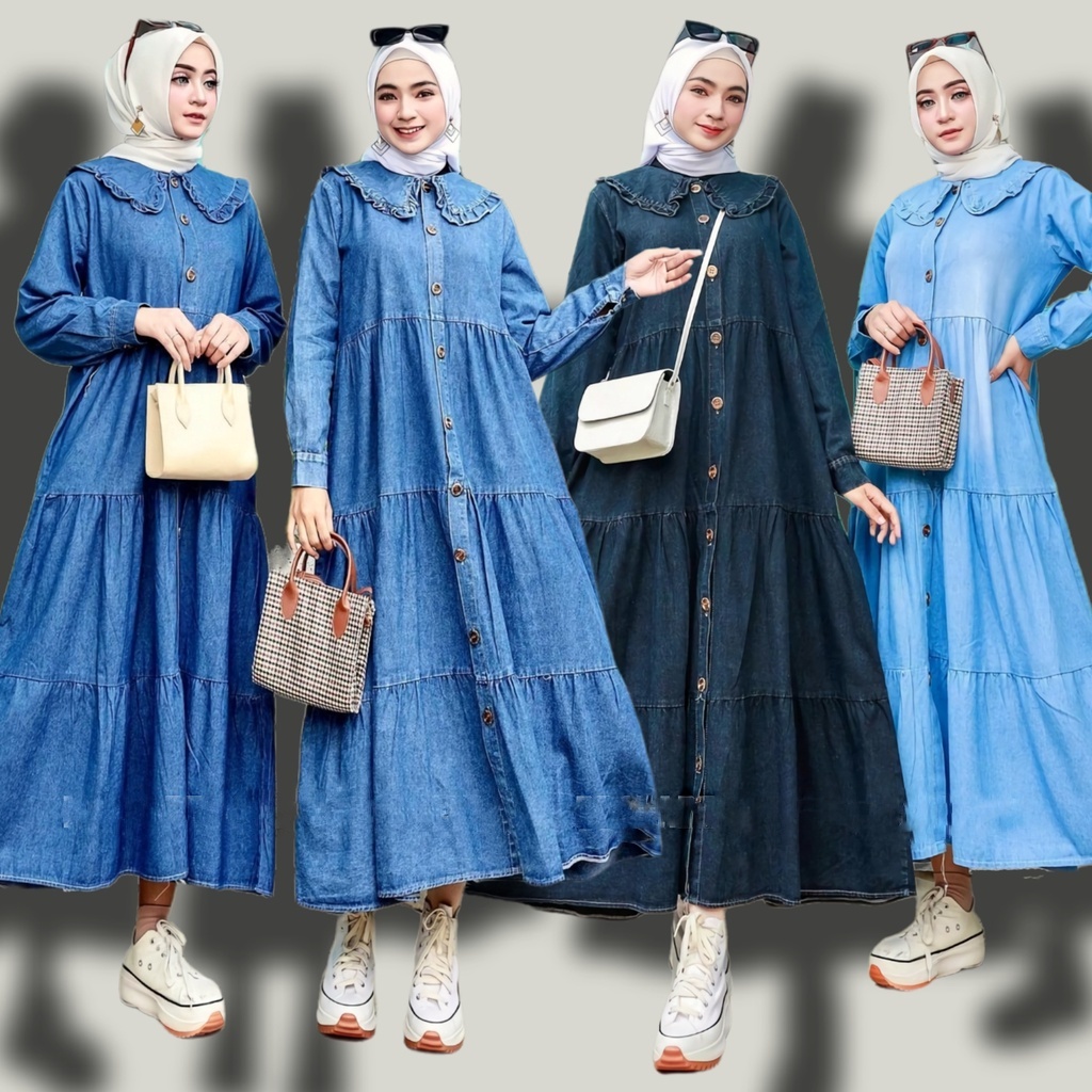 Kiara Midi Dress Jeans - Baju Gamis Susun Busui Full Kancing Polos Denim Long Dres Midi Jumbo