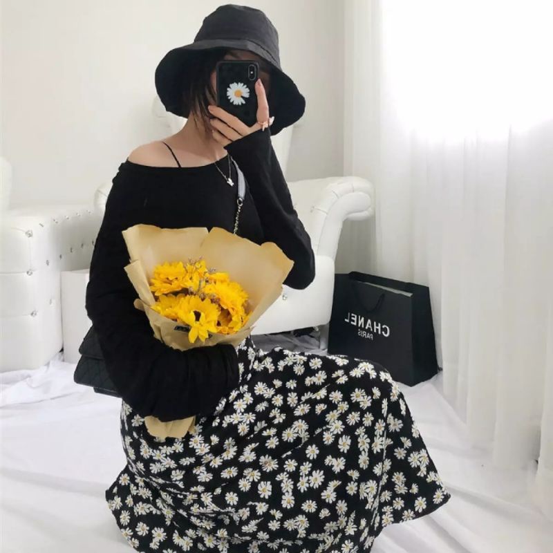 [COD] MIDI SKIRT A LINE IMPORT / ROK BUNGA DAISY BLACK WHITE / ROK DAILY WANITA KOREAN BAHAN SIFON-Rok Daisy Black