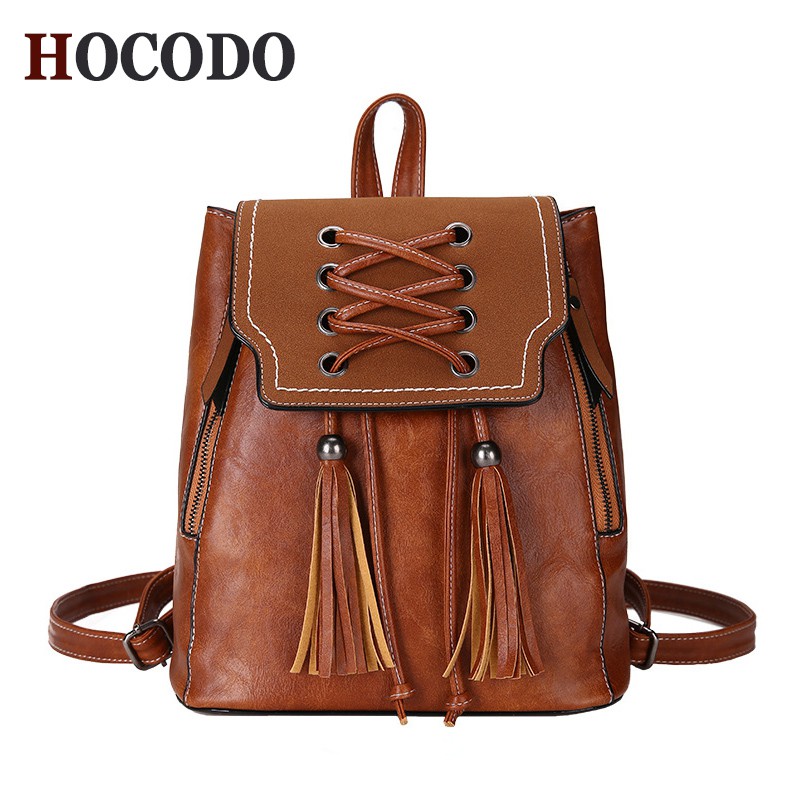 backpack fashion HOCODO Fashion Women Backpack Vintage Tassel backpack Women PU Leather
