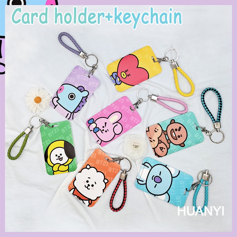 Baru KPOP BTS BT21 Kartun Lucu ID Card Holder Card Case Dengan Jari Gantungan Kunci Tali Lanyard