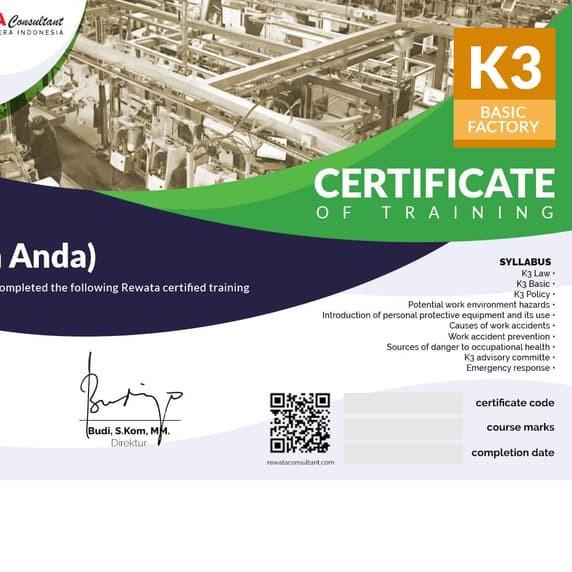 ➴ SERTIFIKAT ARKADEMI - K3 BASIC FACTORY By REWATA (dengan photo) Ω