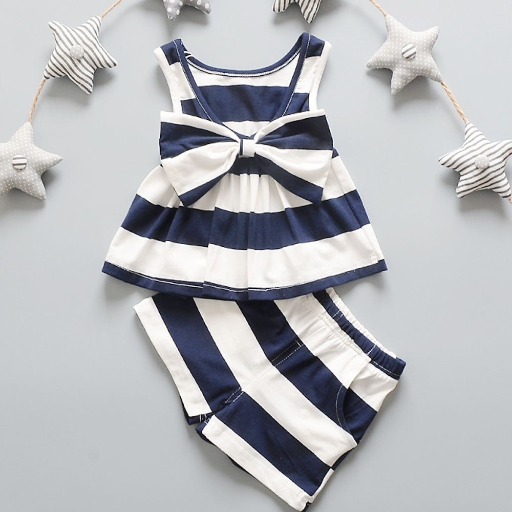 Setelan Baju Anak Perempuan Motif Garis Navy
