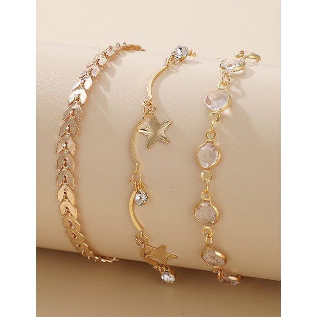 LRC Gelang Tangan Fashion Gold Color Five-pointed Star Diamond Leaf Alloy Anklet Set  K98560