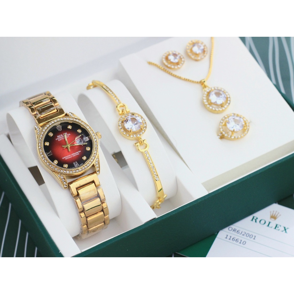 JAM TANGAN SET WANITA CEWEK STRAP RANTAI TANGGAL AKTIF DIAL KOMBINASI GELANG KALUNG CINCIN ANTING