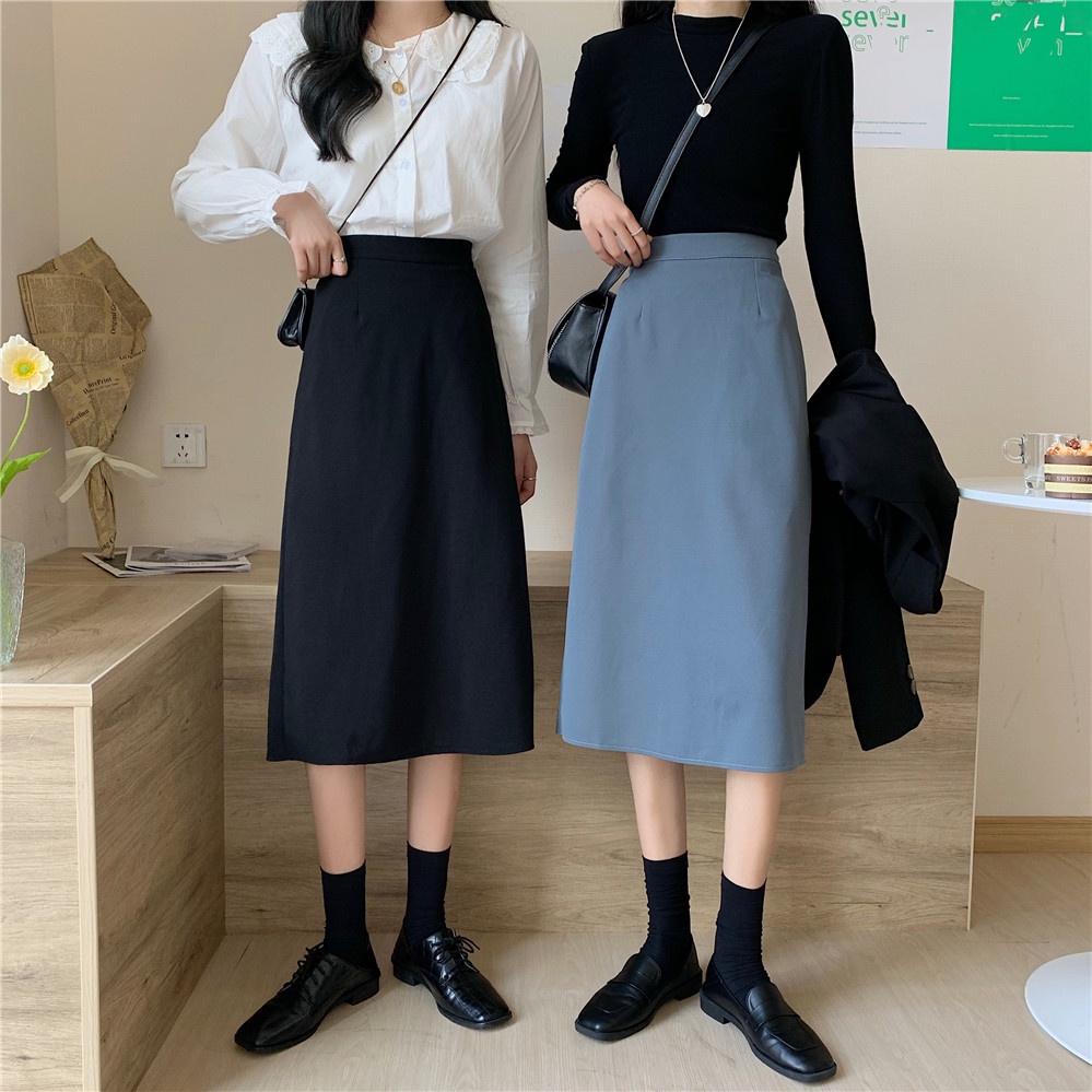 COD New 2022 Fashion Korea Women Black Blue Casual Work Midi Skirts