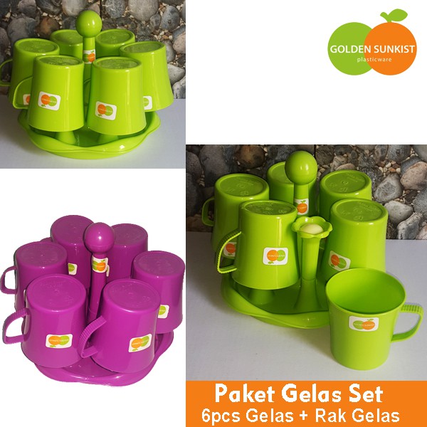 Gelas Set Golden Sunkist 7 In 1 Isi 6 Pcs Gelas Cangkir Dan Rak Gelas