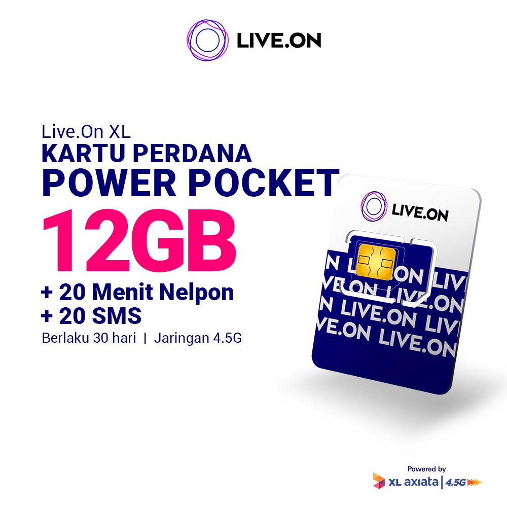 Live.On Kartu Perdana Power Pocket 12GB (30 hari) Jaringan 4.5G Gratis 20 Menit Nelpon + 20 SMS