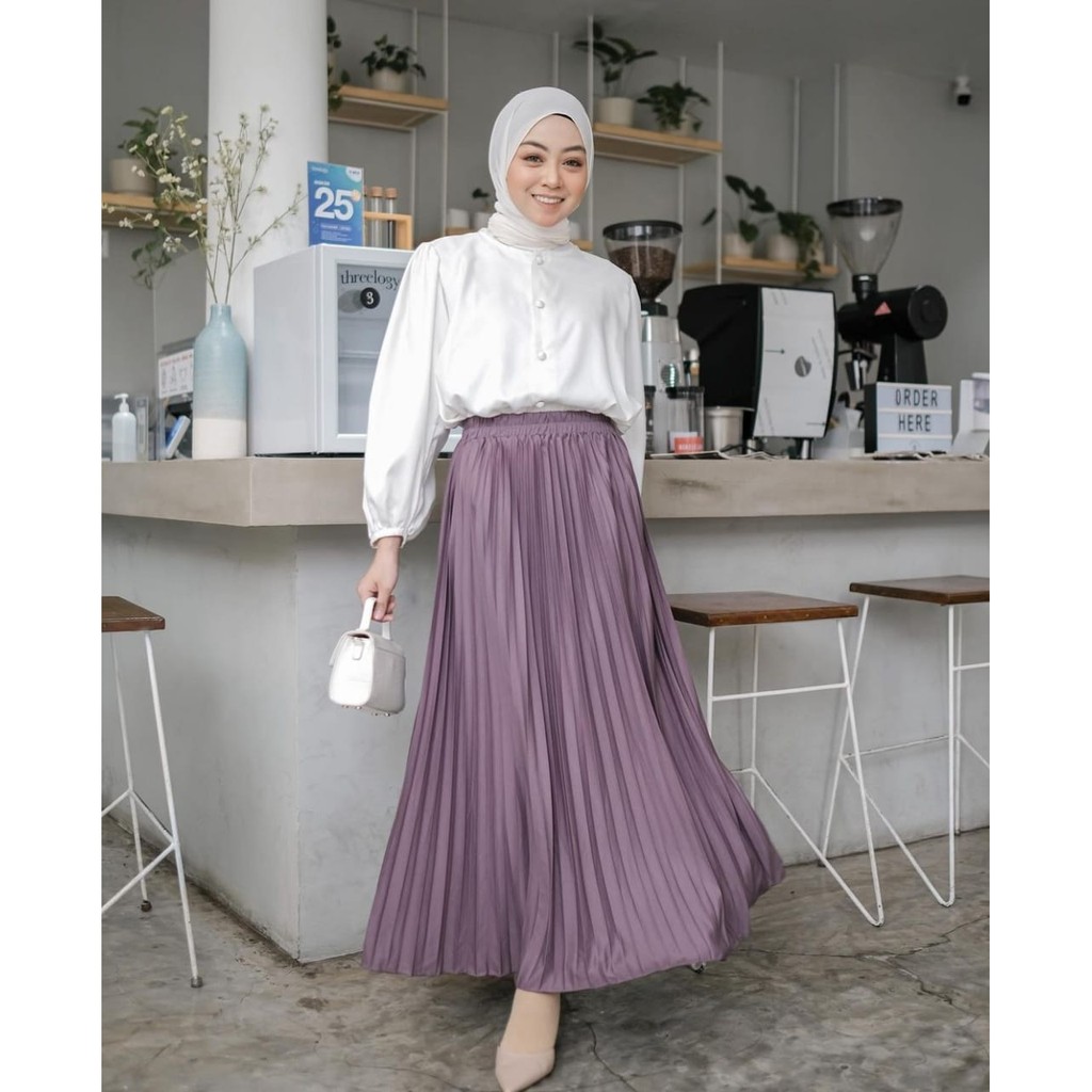 Rok Plisket Murah Panjang Bawahan Wanita Mayung Polos Skirt Flowy Muslimah