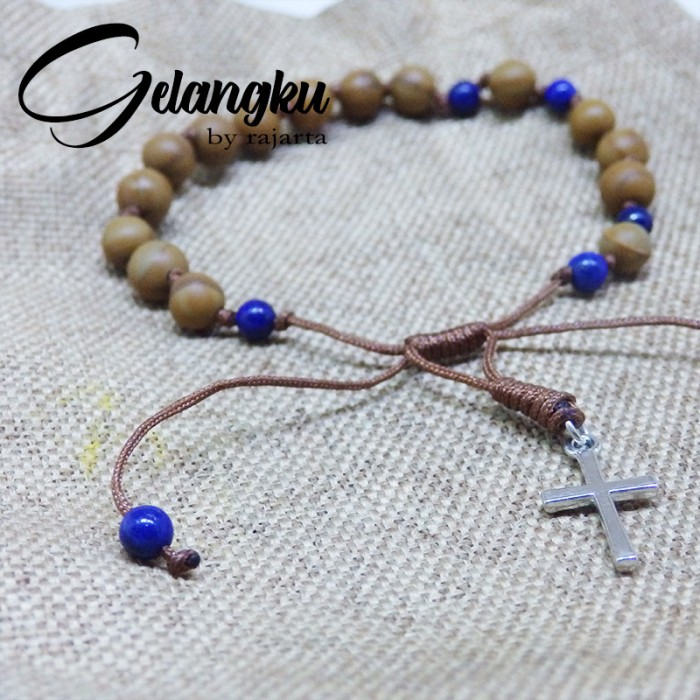 Gelang Batu Wood Jasper Model Rosario Salib mix Lapis Lazuli