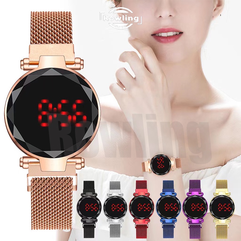 Rowling (Jam-54) Jam Tangan Digital Bulat Strap Stainless Steel  Gesper Magnet Untuk Wanita Import TANPA ACCESORIS