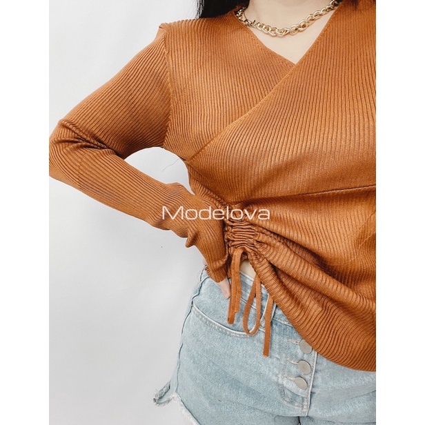 MDLV ~ K8771# Axella Drawstring Knit Top Premium Blouse Rajut Serut Lengan panjang Blouse Import Rajut Fashion Import