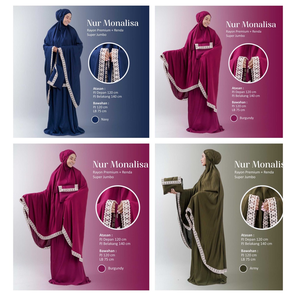 mukena dewasa super jumbo polos renda nur monalisa rayon super premium HQ