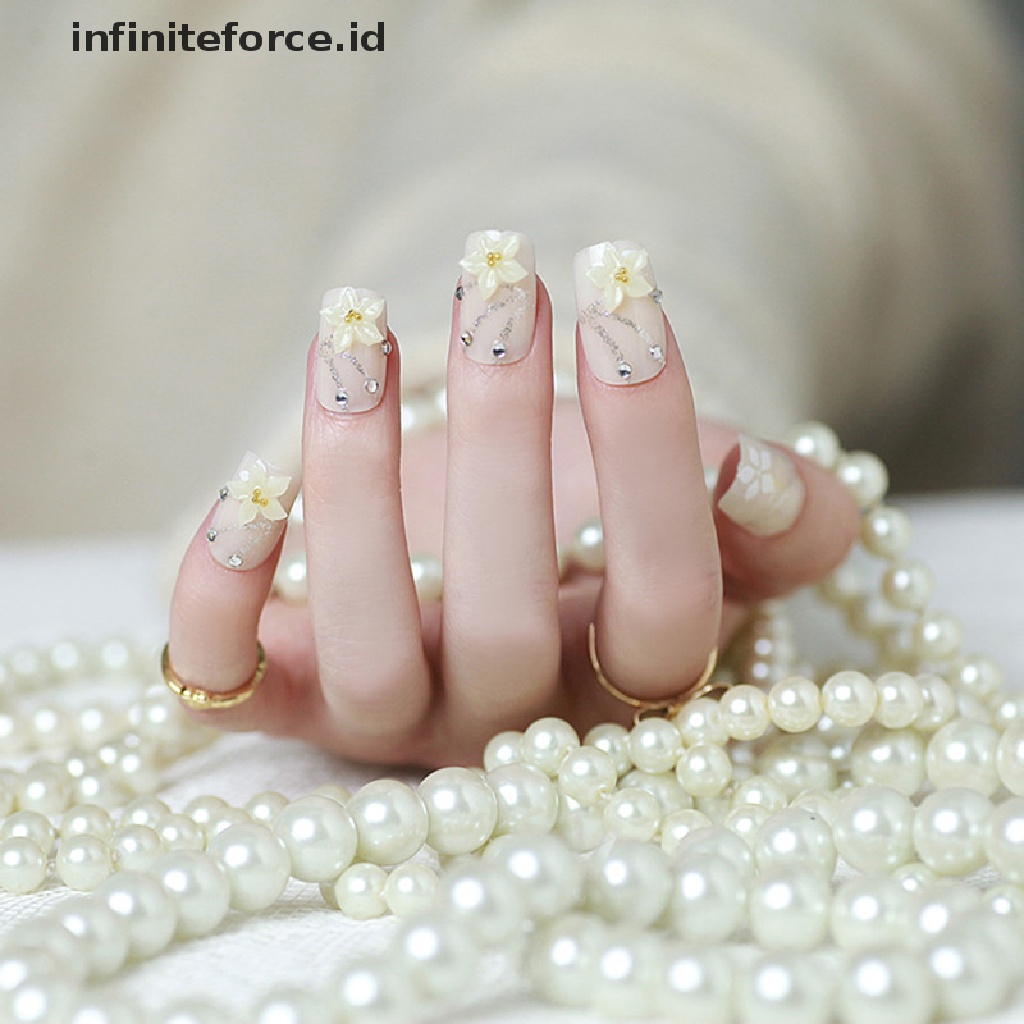 Infiniteforce.id 24pcs / Set Kuku Palsu 3D Motif Bunga Plum Untuk Pengantin Wanita