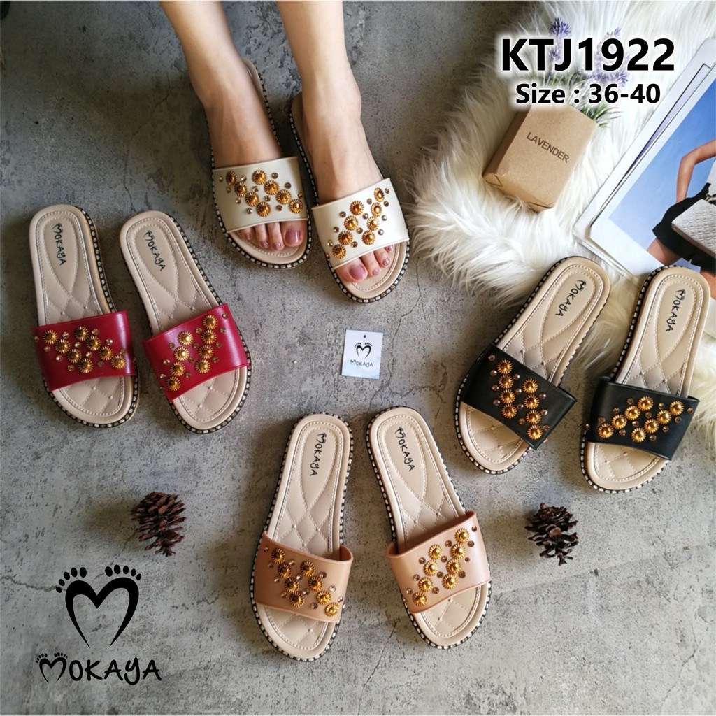 Sandal Slop Jelly Karet Wanita Ban Manik Gold Mewah Cantik Elegant Import Mokaya / size 36-40 (KTJ1922)