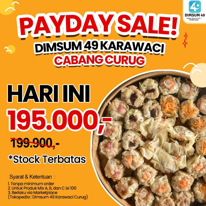 

PAY DAY SALE (100 PCS) DIMSUM 49 BEST SELLER EKSTRA DAGING HARGA PABRIK TERMURAH SEJABODETABEK