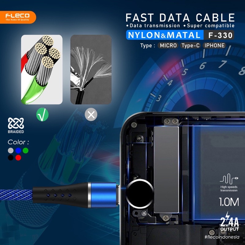 PROMO KABEL DATA FLECO F330 MICRO TYPE C SUPPOR FAST CHARGING 2.4A NYLON METAL PREMIUM