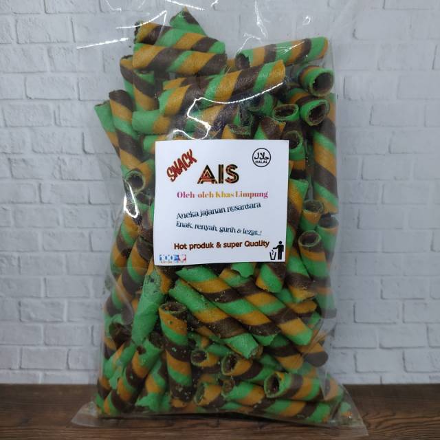 Waferr roll hijau belang kuning hitam isi coklat / astor belang isi cokelat size kecil
