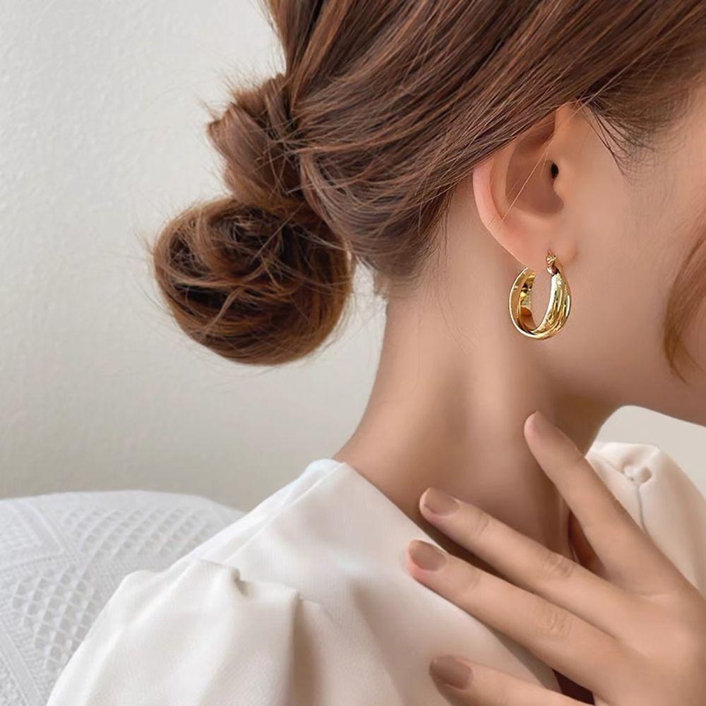 Needway Anting Salib Punk Unik Trendi Anting Lingkaran Mewah Alloy Double-layer Gaya Korea Ear Buckle