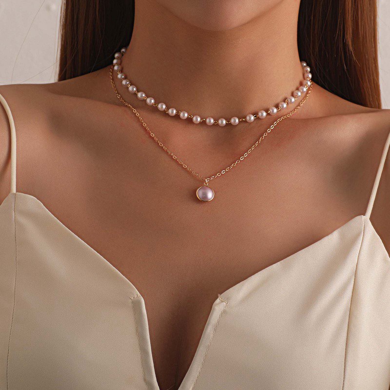 Women Fashion Retro Pearl Metal Korean Style Lock Necklace Multilayer Pendant Gold Chain Choker Jewelry Accessories