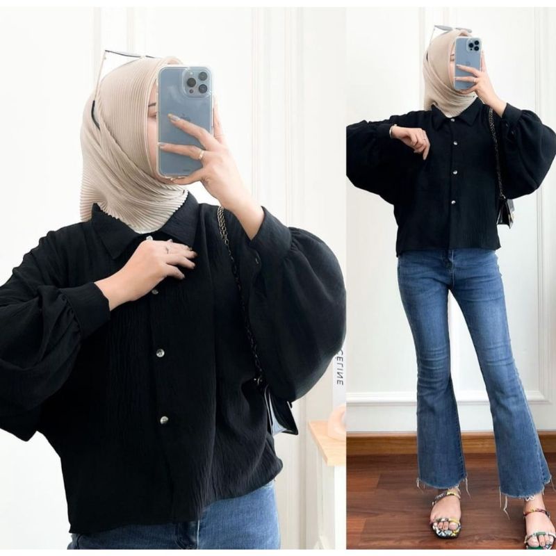 Malvin Crop Crinkle Airflow Atasan Wanita Crinkle Kemeja Crop Wanita