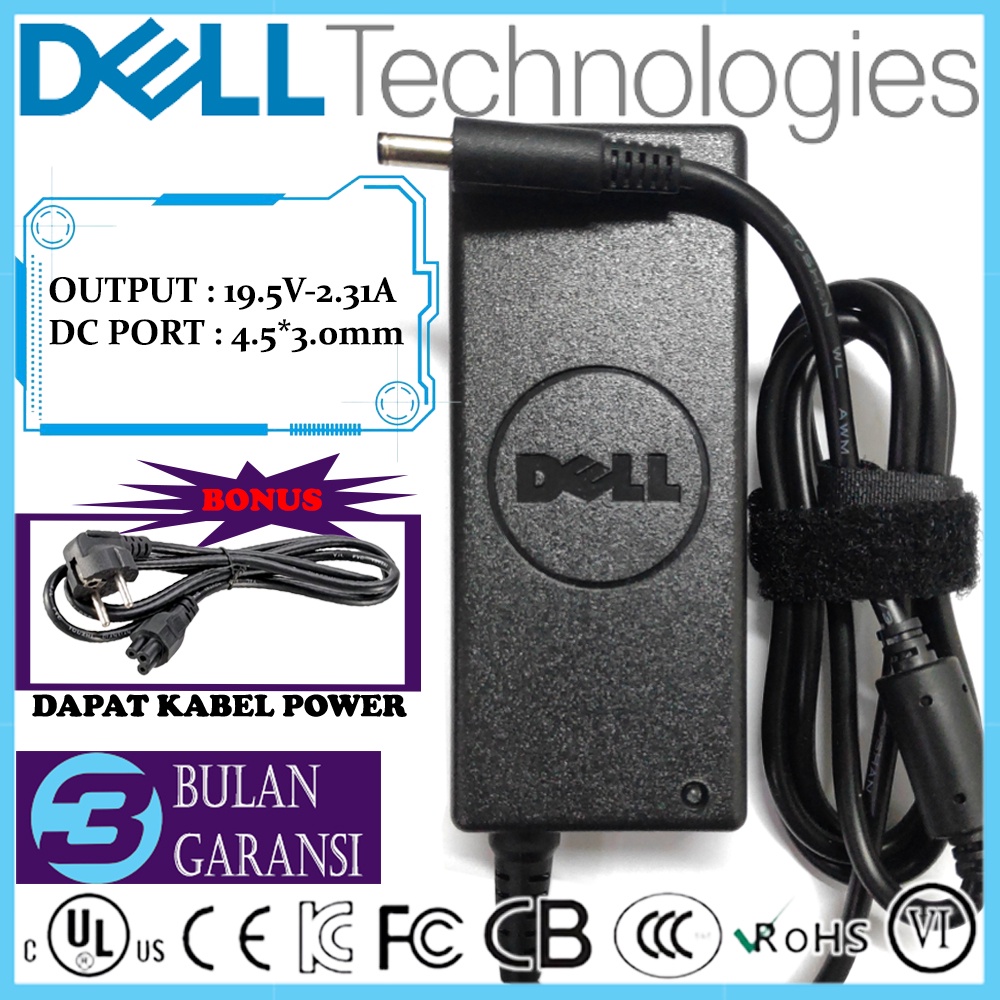 Adaptor Charger Original Laptop DELL 19.5V 2.31A 45W Inspiron 11 13 14 15 17 3000 5000 7000 Vostro 3458 3459 3468 3478 3480 5459 5468 5480 5481 5490 XPS 11 12 13 9333 9343 9350 9360 9370