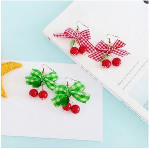 Anting Korea Wanita Kekinian Red Cherry Pita Kotak-kotak