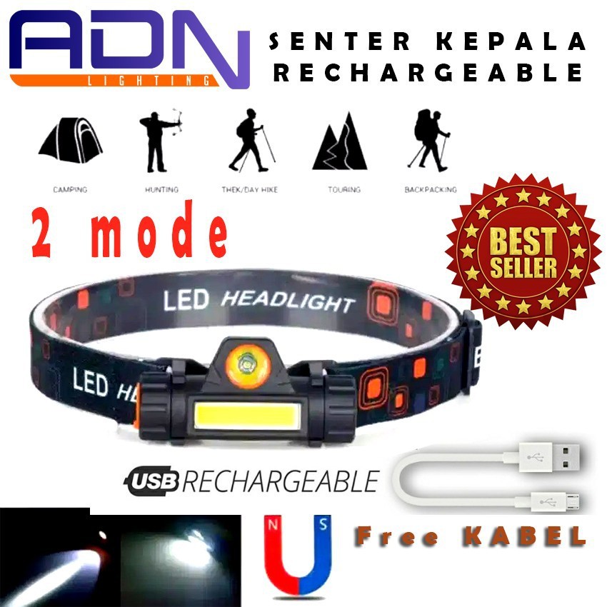 Senter Kepala High Power COB Rechargeable Plus Magnet isi ulang BY ADN